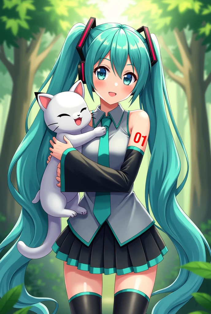 Anime art, anime style, detailed drawing, beautiful forest background background, high definition, high quality, one girl, solo, Hatsune Miku, aqua hair, twin tails, headphones, number tattoo "01" (red, located on her right hand), grey sleeveless collared shirt, black detached sleeves with aqua lines, five fingers with aqua nails, aqua necktie, black pleated mini skirt with aqua lines, zettai ryouiki, thigh-high black boots with aqua lines.

Get example from this image: https://vocaloidespanol.fandom.com/es/wiki/Hatsune_Miku?file=Hatsune_Miku.png

Miku Hatsune hugging Agumon