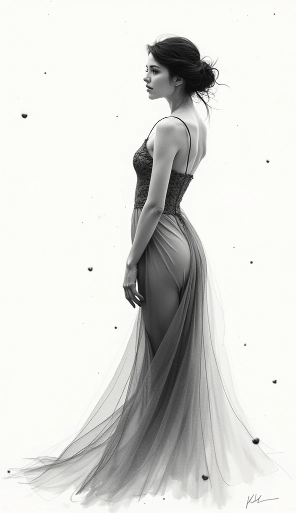 elegant girl,black and white ink painting,pen sketch,Loose brushstrokes,Pen outlines delicate lines,Smooth movements,Subtle ink tones,elegant gesture,calm expression,Exquisite facial features,black and white,Clean.