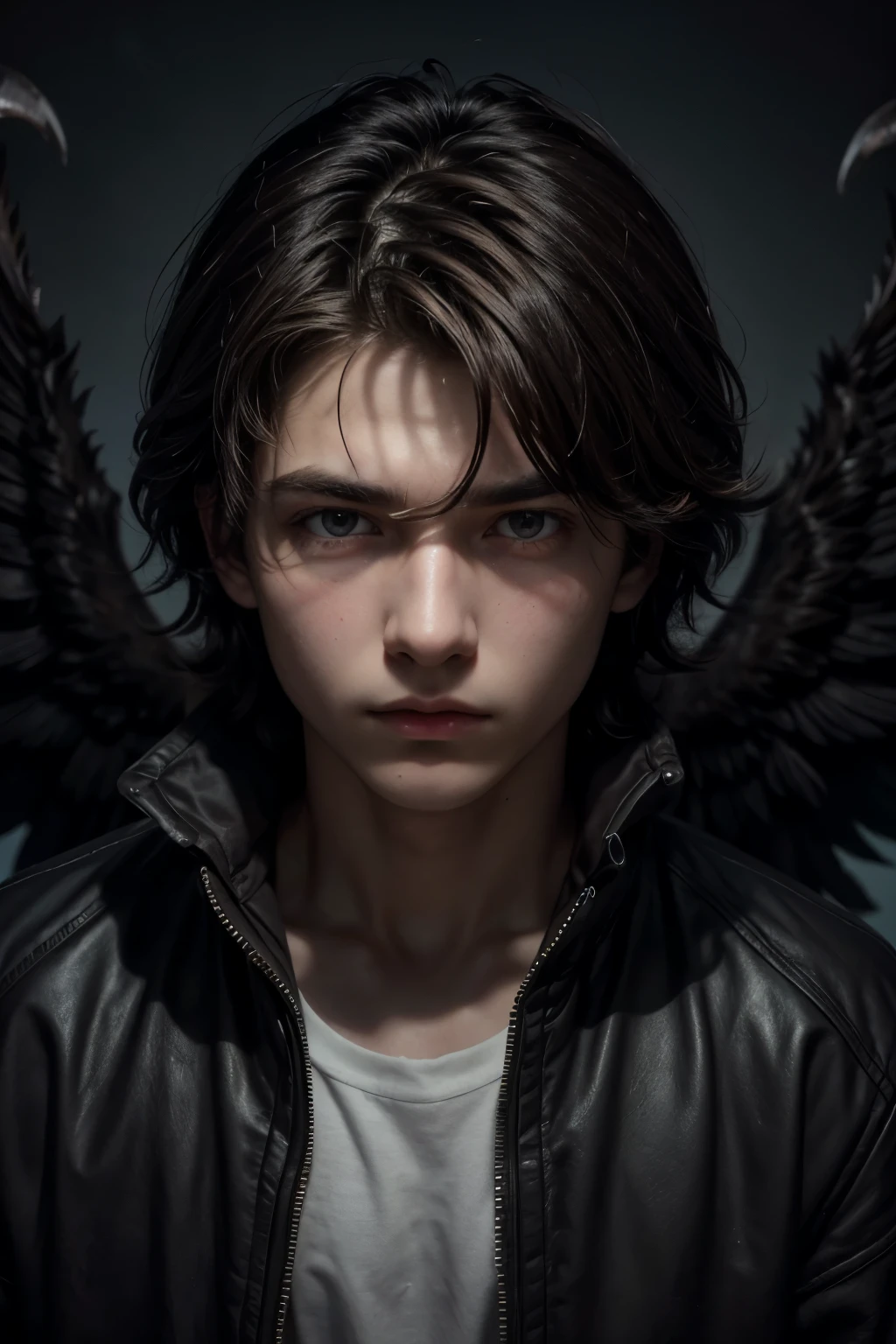 Upper body close-up image.A beautiful man. Eighteen years old. Dark brown hair. He is looking at the camera with a serious expression. He is standing in a city at night, surrounded by a thick fog. A huge monster with wings can be seen in the sky.