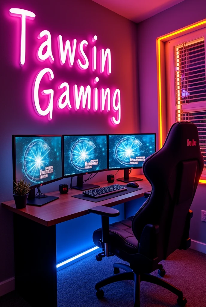 A beautiful gaming room with a computer pc is easy to understand but above is written in English in a special style Tawsin Gaming YT many times small large medium size a large text that looks very beautiful the picture will be like a post Hanging YouTube play button on the wall Tawsin Gaming YT on the wall