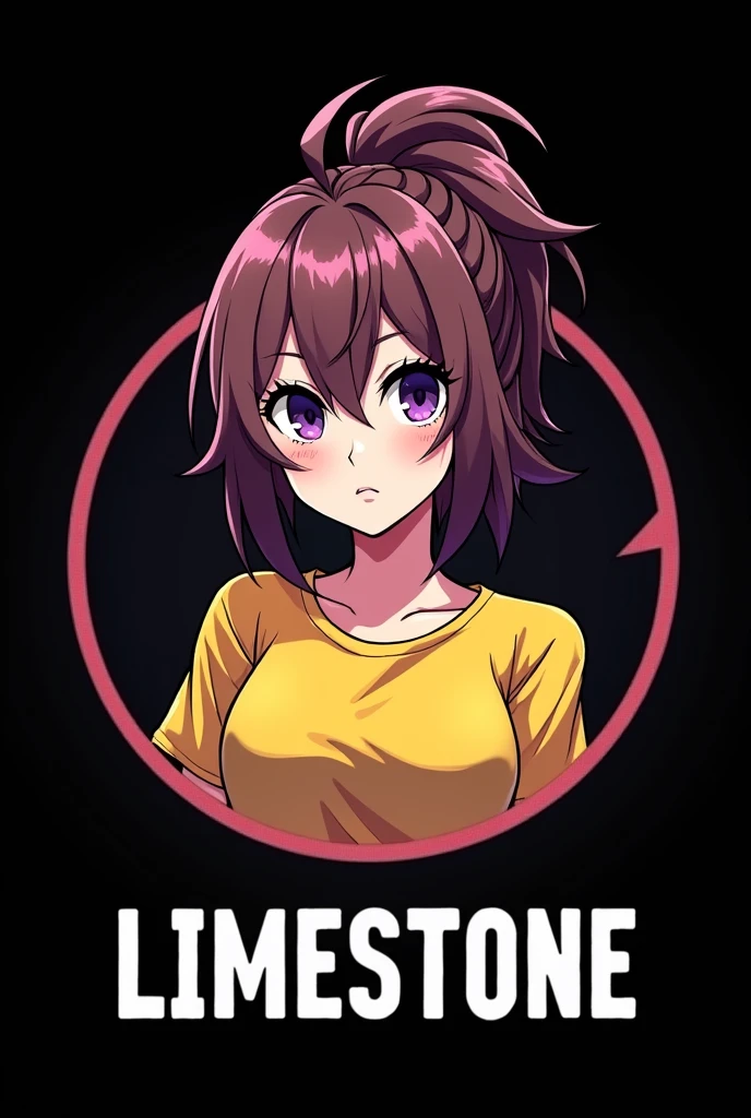 Gamer logo "LimeStone" , white stylised font , black background , Anime girl , brown hair colour , ponytail hair style , yellow T-shirt , purple eyes , empty eye lens , uncaring eye
