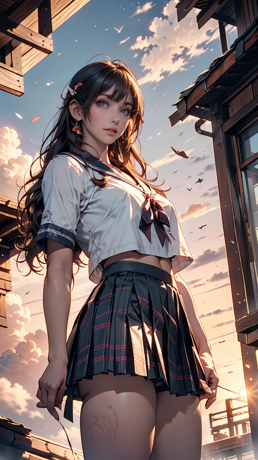 (8k, RAW Photos, Highest quality, masterpiece:1.2)、(Genuine、Realistic:1.37)、1 person、Japanese、Black Hair、Long Hair、(From below:1.4), (a 18years old pretty Japanese girl standing on rooftop of the building、school uniform)、((View your audience))、(White Sailor Suit High 、Ribbon on chest、mini skirt、Pink and gray checked pleated skirt、White panties)、(White panties can be seen from the pleated skirt)、((Sunset sky、cloud))