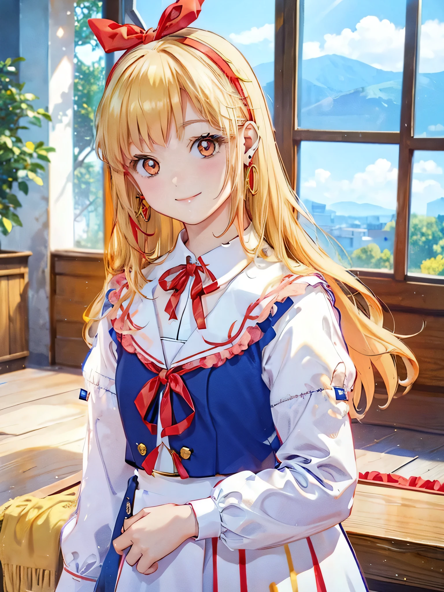 (RED Ribbon on HAIRband:1.2),cowboy shot,,a young GIRL with Blonde hair, smiling, posing on the ROOM, 1girl, jewelry, earrings, solo, realistic, hoop earrings, outdoors, looking at viewer, smile, Blonde hair,
