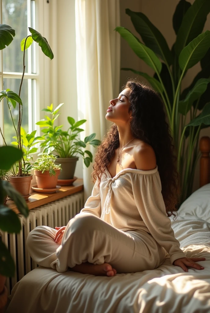 (photorealism:1.2), beautiful woman, sitting on bed, wearing loose off-shoulder top, pajama pants, long curly hair, indoors, soft lighting, plants in background, window with sunlight, cozy room, relaxed pose, realistic, intricate details, warm colors, by Greg Rutkowski, by Alphonse Mucha
