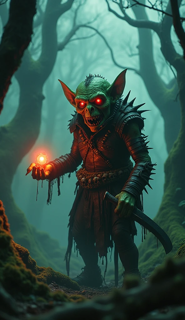 A dark fantasy goblin lurking in a mysterious, eerie forest. The goblin has a sinister, malevolent appearance with glowing red eyes, sharp teeth, and twisted, gnarled features. Its skin is a sickly green with rough, patchy texture. It wears tattered, dark leather armor adorned with bones and skulls. In one hand, it holds a wickedly sharp dagger, and in the other, a small, glowing orb. The background features a dark, misty forest with gnarled trees and faint, ghostly lights, creating an ominous atmosphere. The overall mood is dark and foreboding, emphasizing the goblin's menacing presence. Highly detailed, cinematic lighting, 4k resolution.