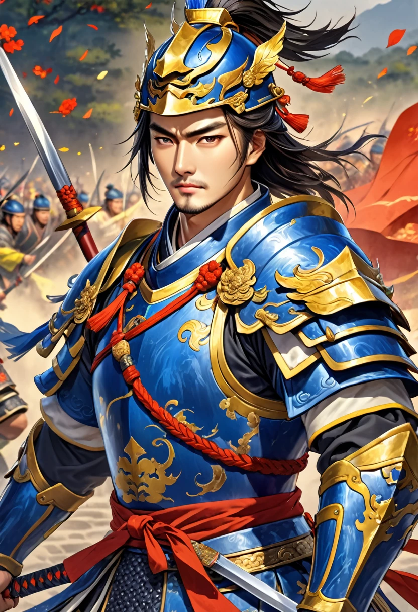 Three Kingdoms Zhou Yu, very handsome, Chinese armor, Spear Mastery, nice guy, splendor, shave, Armor of blue and yellow, Chinese Helmet