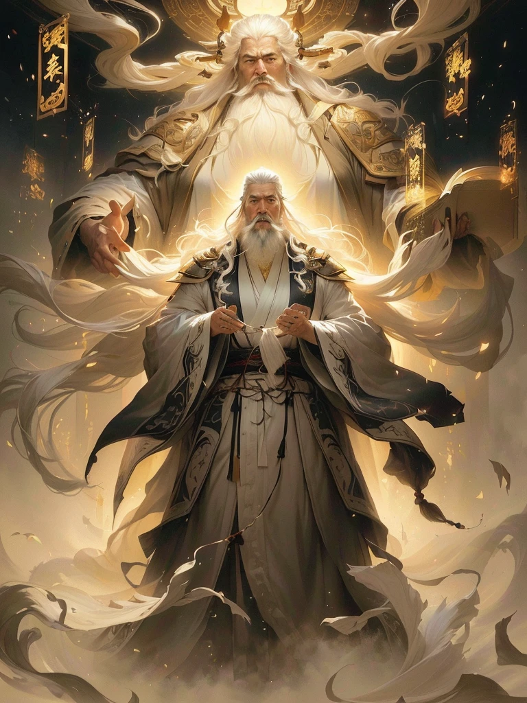 A photo taken from a book,The photo is of a man with a white beard、Man in a robe, Ross Tran 和 Bayard Wu, Long flowing hair and robes, The Father of the Gods, The God-Emperor of Humanity, author:Yang J, Inspired by Wu Daozi, Taoist priest, Tolkien and Michael Cormac, Ross Tran and Michael Whelan