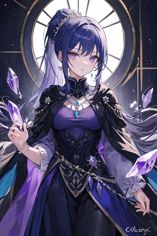 (High quality),(masterpiece),(Beautiful),1 Girl, solo, beautiful,long navy blue hair, ponytail, deep amethyst eyes, high neck royal dress ,collared cape,amethyst crystal necklace, cold gaze, mysterious, royal castle, crystal castle, crystal palace