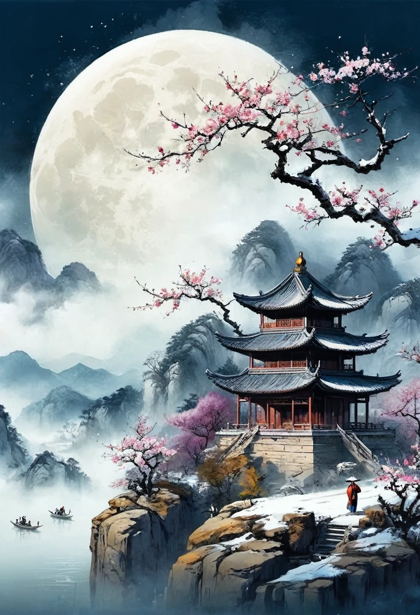 Ink Painting，plum bossom，Bright Moon，Flying snow，Ultra HD分辨率，Hand-drawn style，majestic，Natural light，unmanned，Chinese style，antiquity,  Enhance Details., 32K ，Ultra HD，unmanned物，Pure Landscape