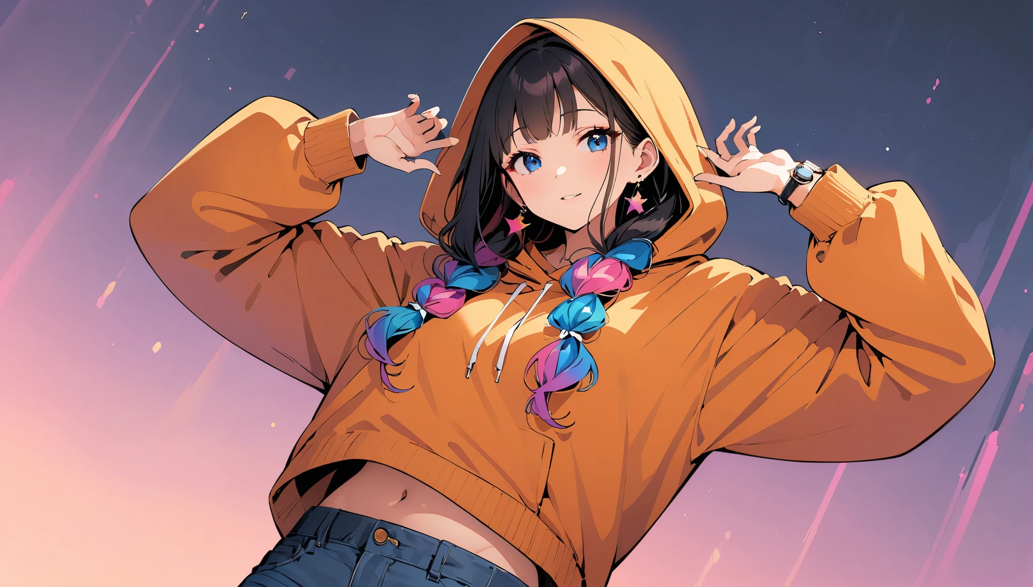 (high quality, 8k, 4K, High Contrast, masterpiece:1.2, 最high quality, Best aesthetics), (Dynamic Angle), ((1 female teen)), ((Plain background with no one in it.3)), ((Flat Color)), ((Wearing a hood)), (Harajuku Street Style Fashion),(jeans), Looking at the audience, Upper Body, Transparent Background, High Contrast, Contrasting colors, Cowboy Shot, Pale pink and blue lighting, Long Hair, ((Tied Hair)) , Rainbow Hair, Small star-shaped earrings in both ears, watch, bright eyeshadow, R-18, belly button, Have sleepy eyes, Wearing a hood over their head, Has a sleepy look, We have 5 fingers on each hand., There is no one in the background