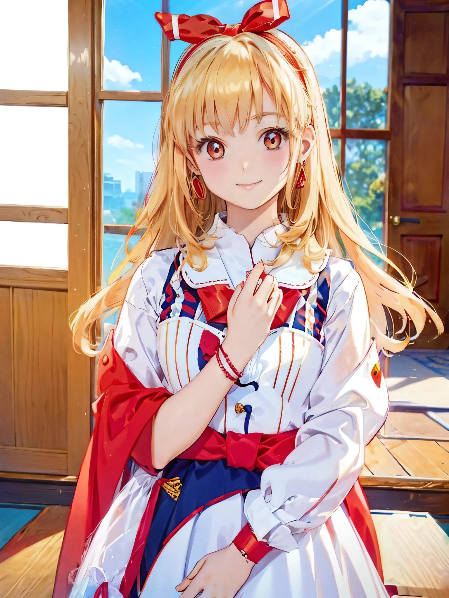 (RED Ribbon on HAIRband:1.2),cowboy shot,,a young GIRL with Blonde hair, smiling, posing on the ROOM, 1girl, jewelry, earrings, solo, realistic, hoop earrings, outdoors, looking at viewer, smile, Blonde hair,
