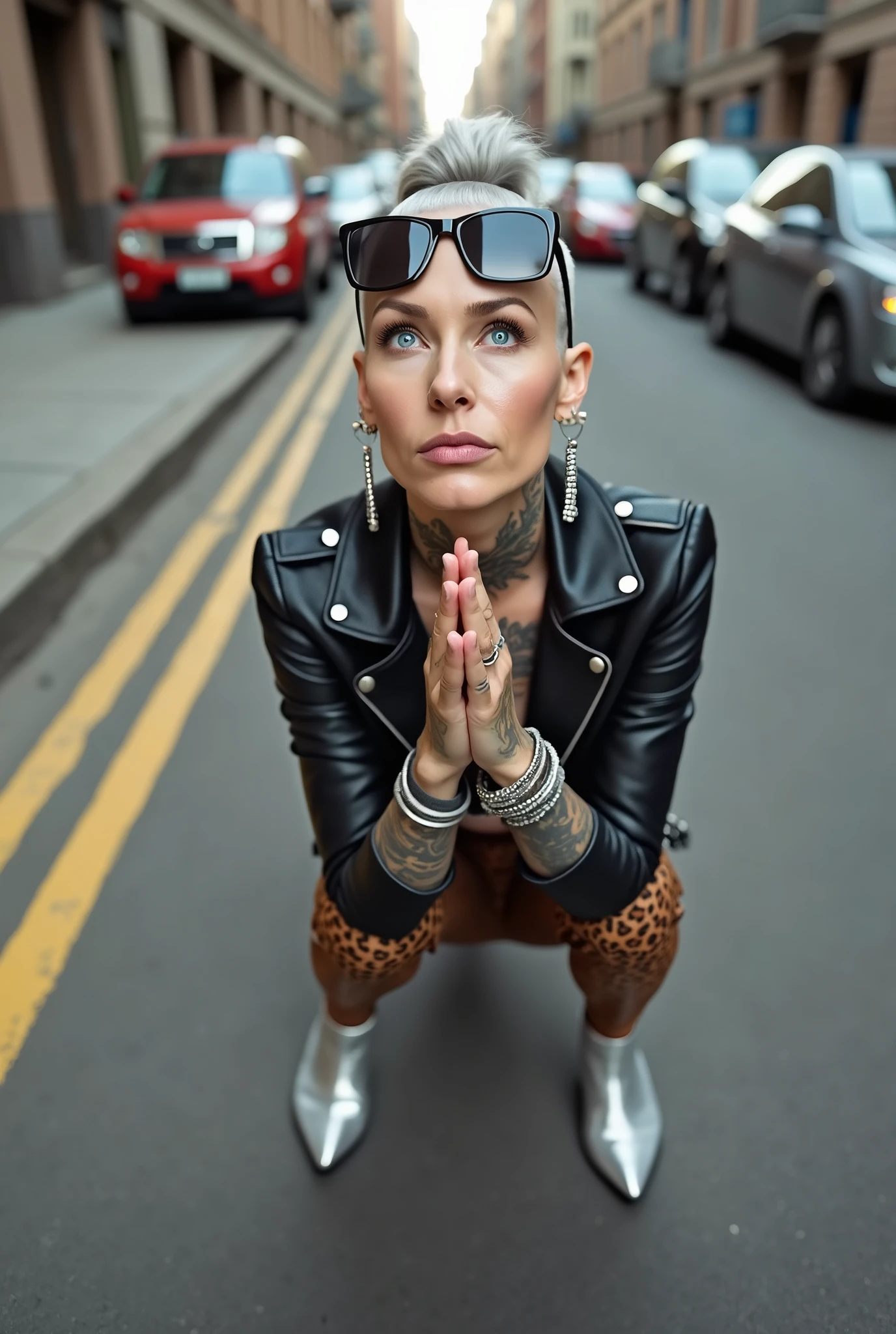 russian old milf woman, gray hair (huge top bun with shaved sides) and sunglasses as headband (big square maxi glasses), with very light blue eyes, extremely pale. Wearing cropped black moto jacket, black bra, brown leopard print leggings with and pointy  silver Chelsea boots with cuban heels . Lots of metallic bracelets and collars. Tacky leather belt with oversized buckle. Long silver earrings. Kneeling in a payer, looking up, chin up, eyes and mouth wide open in amazement. Hands in praying position. Looking at the camera in amazement,  toned abdominals, thin legs and thin arms. tattoed