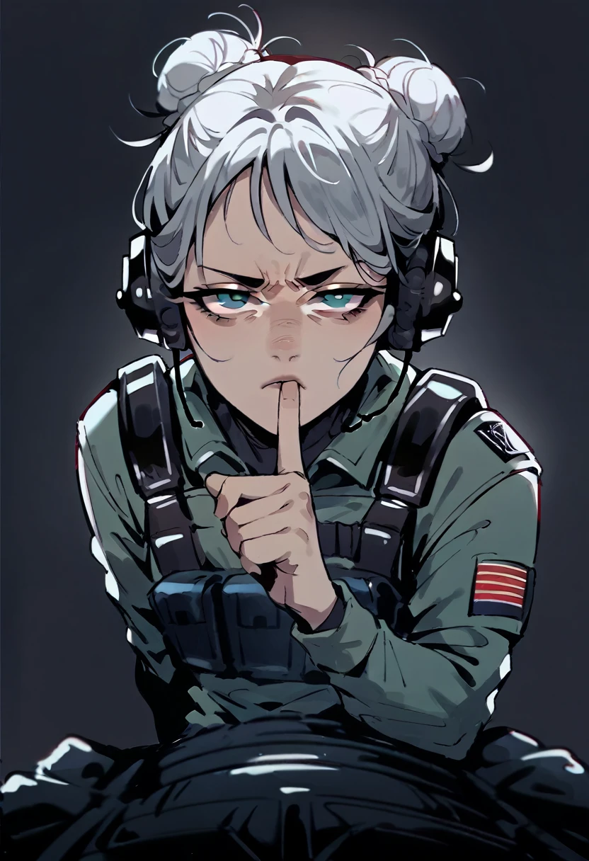 ow angle pov, cowgirl position, full body, shushing gesture, finger on mouth, asian older woman Special Ops in black tactical stealth suit, slight wrinkles. headphones, serious expression, one messy bun with grey hair, grey eyes, empty dark background
