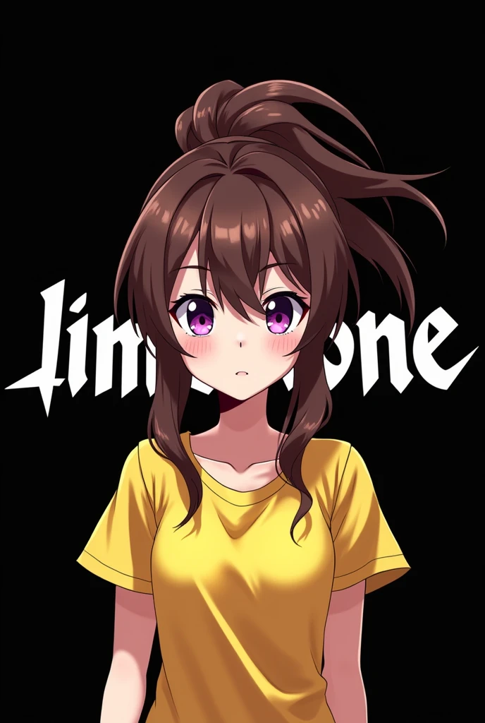Gamer logo "LimeStone" , white stylised font , black background , Anime girl , brown hair colour , ponytail hair style , yellow T-shirt , purple eyes , empty eye lens , uncaring eye , japanese theme