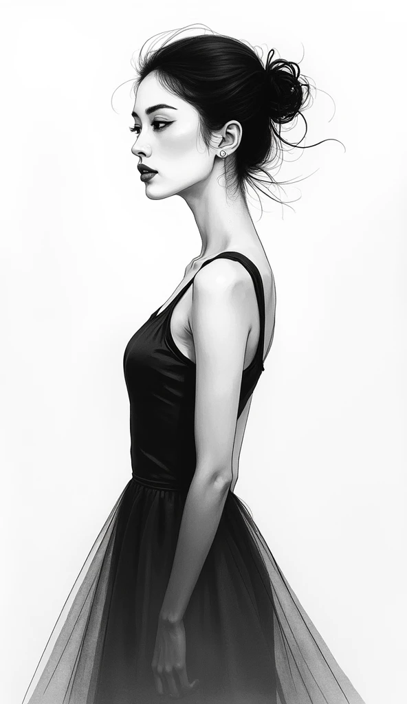 elegant girl,black and white ink painting,pen sketch,Loose brushstrokes,Pen outlines delicate lines,Smooth movements,Subtle ink tones,elegant gesture,calm expression,Exquisite facial features,black and white,Clean.