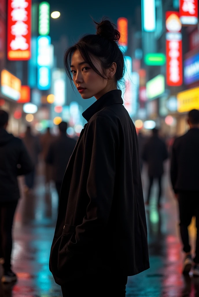 young asian woman wearing all black messy bun dark image city night life