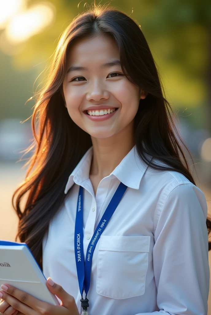 (Masterpiece),(complication:1.3),(The most realistic),((not revealing or provocative)),(Dress appropriately and neatly.),(A student), A portrait of a woman, 18 years old, beautiful face, beautiful faceแบบไทย ,long black hair ,smiling and happy, holding a notebook, Thai person ((wearing a white long-sleeved collared shirt)), ((Wear a blue lanyard with white lettering that says "kalasin Vacational School")), ((Wearing a solid blue necktie)) Dressed simply,warm light, weak sunlight, Photo shows only half of the body ,professional photographer for detailed photos, Have clarity, dramatic, Awarded first prize, Cinematic lighting, (film grain,A blurry background, Blurred background, bokeh, depth of fied),(Children under 18 years old can watch.)