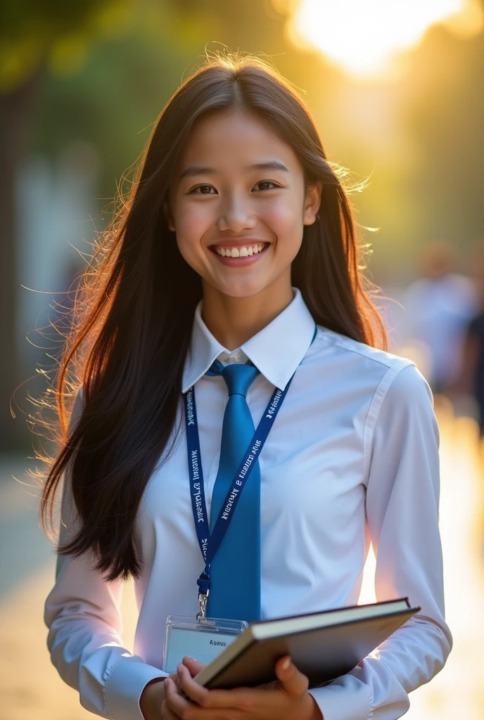 (Masterpiece),(complication:1.3),(The most realistic),((not revealing or provocative)),(Dress appropriately and neatly.),(A student), A portrait of a woman, 18 years old, beautiful face, beautiful faceแบบไทย ,long black hair ,smiling and happy, holding a notebook, Thai person ((wearing a white long-sleeved collared shirt)), ((Wear a blue lanyard with white lettering that says "kalasin Vacational School")), ((Wearing a solid blue necktie)) Dressed simply,warm light, weak sunlight, Photo shows only half of the body ,professional photographer for detailed photos, Have clarity, dramatic, Awarded first prize, Cinematic lighting, (film grain,A blurry background, Blurred background, bokeh, depth of fied),(Children under 18 years old can watch.)