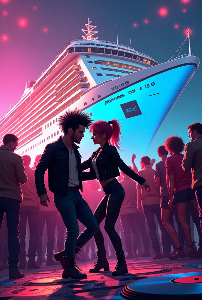 DJ FRANK JR and DJ FROSTI needs an artwork for a club event, the Name is LOVE ON DECKS, the name of this 80's and 90's party is a pun of cruise ship and DJ turn tables. Includ a goth punk couple