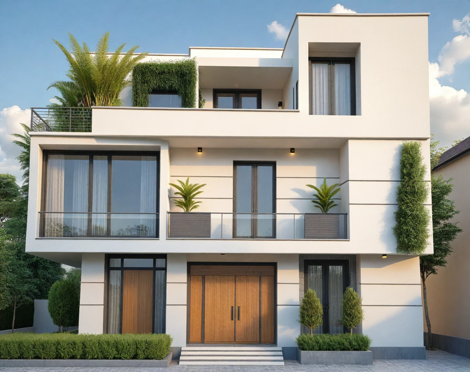 Architectural style Architectural style, ((Classic Style House)),(masterpiece) , ((best quality)), dramatic lighting, high quality outdoors, sky, day, cloud, tree, blue sky, building, scenery, road, real world location, sunlight, enough detail, high resolution,super realistic, Photorealistic, highly detailed, balcony, plants, door, car, truck, parking slot, paving, . Clean lines, architectural drawing, highly detailed , . Clean lines, geometric shapes, minimalist, modern, architectural drawing, highly detailed
