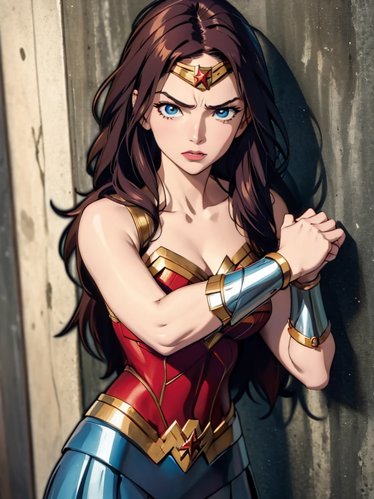 Wonder woman. Anime style. Captured by villain. hands chained to the wall. Serious face.