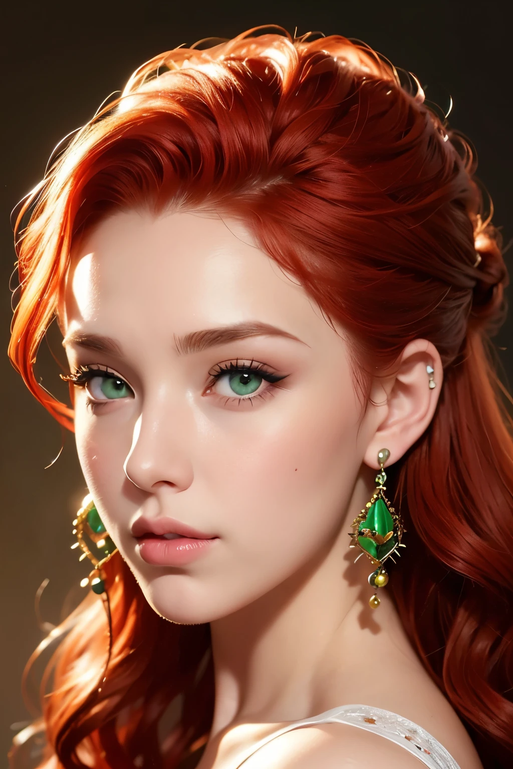 The face of a young woman, green eyes, red curls, nose piercing, ear rings, full lips, index finger in front of the lips, head on side, detailed face, realistic, datailed lips, busty