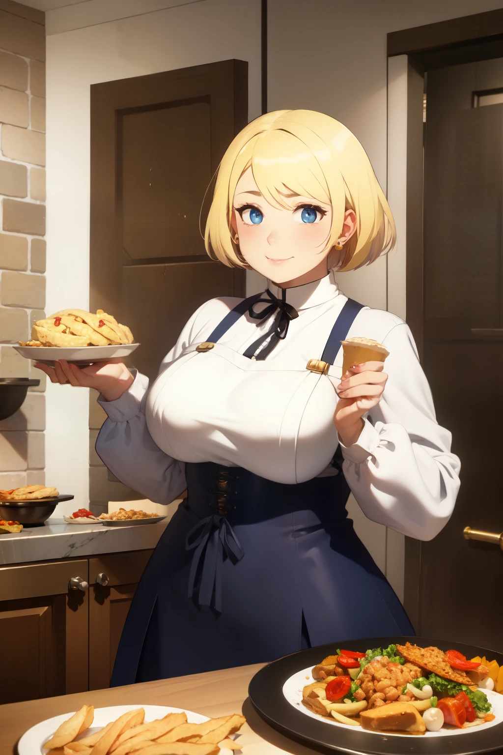 medieval girl with blonde hair, realize she weight gain, royal taster kitchen clothes, eating food