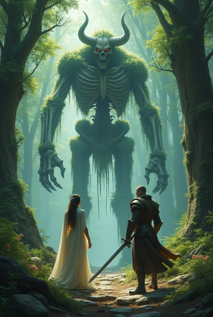 One woman, There was another man standing next to him., There is a bone demon in the center., Fantasy Theme,The background is a forest.