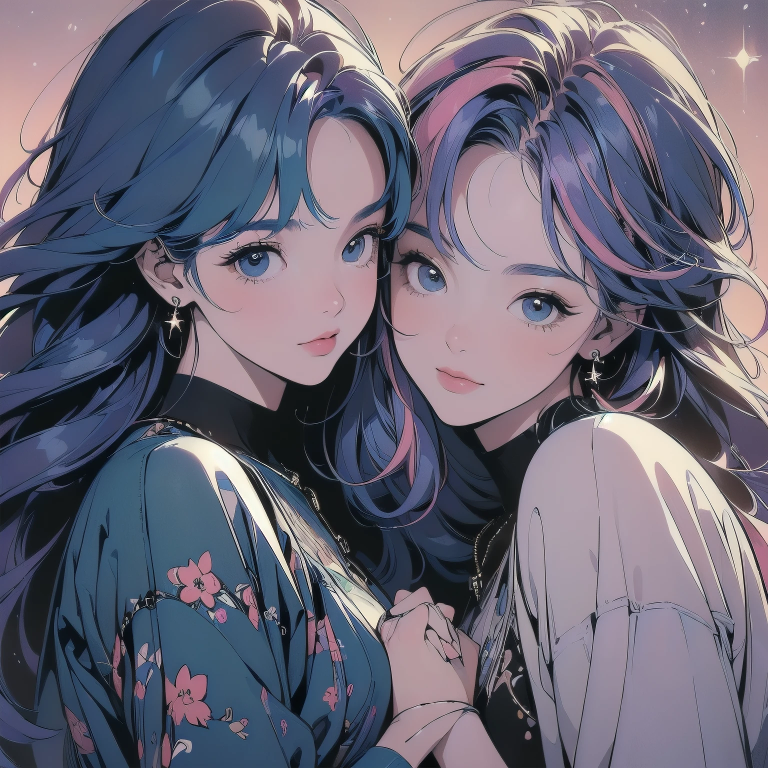 ((((beautiful "Two Women" Embrace each other))), (((Spaceship))), (((A perfect machine))), (((no gravity))), space, Lots of wires, switchboard, Perfect and elaborate machinery, Detailed Hair, (((Different angles))), (((head shot))) Highly detailed background, Highest quality, A variety of unique hairstyles, Trigun, The background is space,Faint lighting, (((Leaning close like lovers)))、((((Colorful hair colors))))、Holding hands