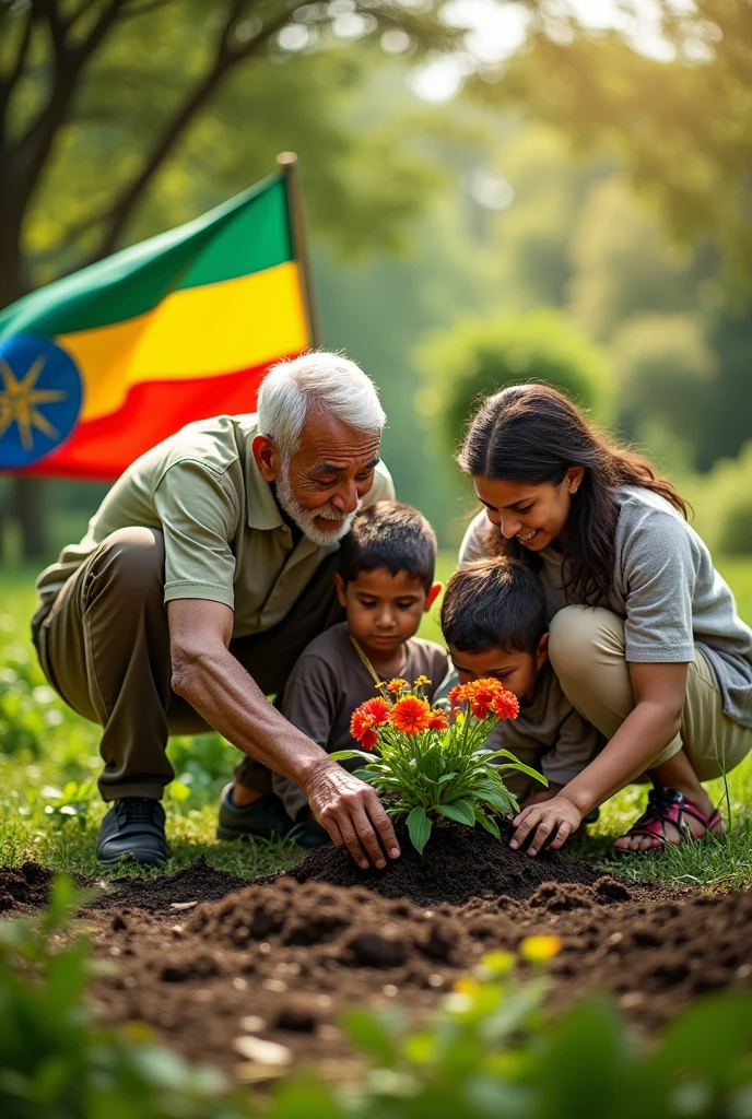 One old man,one old women,Boy and girl siding plants in green area at background with Ethiopian national flag.
