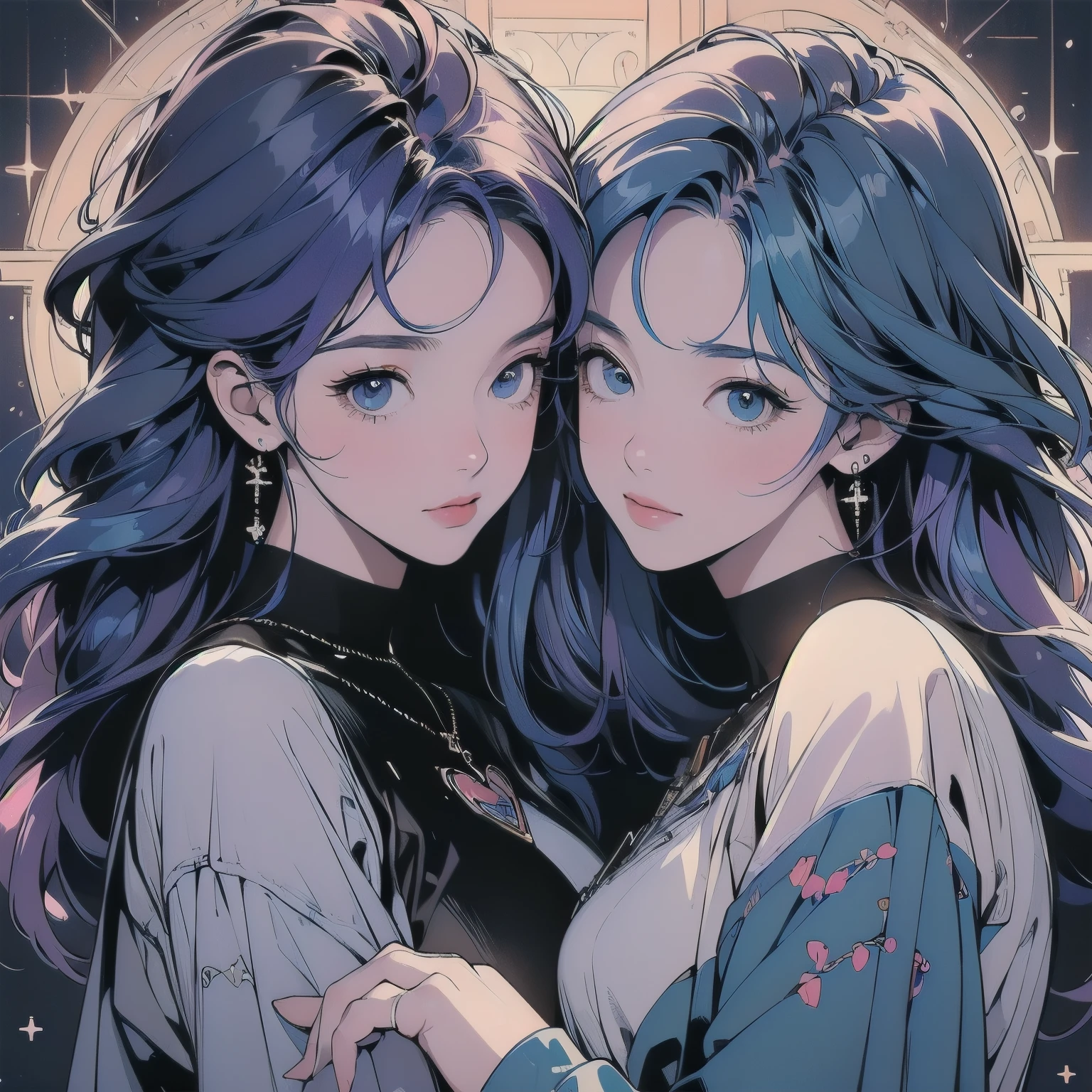 ((((beautiful "Two Women" Embrace each other))), (((Spaceship))), (((A perfect machine))), (((no gravity))), space, Lots of wires, switchboard, Perfect and elaborate machinery, Detailed Hair, (((Different angles))), (((head shot))) Highly detailed background, Highest quality, A variety of unique hairstyles, Trigun, The background is space,Faint lighting, (((Leaning close like lovers)))、((((Colorful hair colors))))、Holding hands