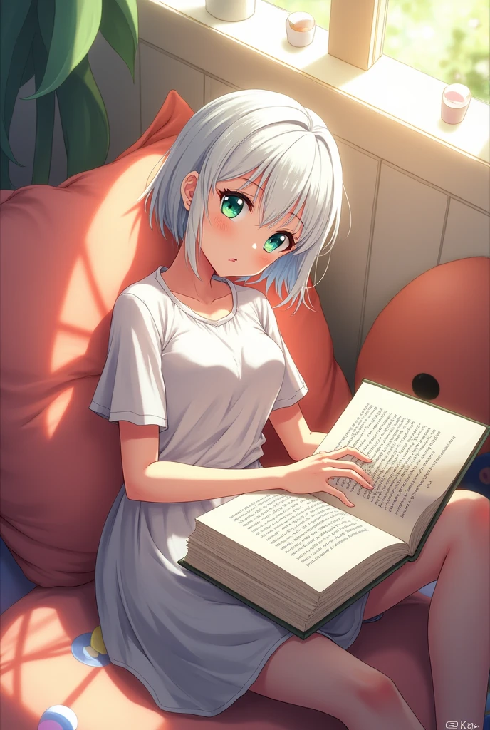 anime style, young adult woman, with one blue eye and one green eye, short white hair.
The woman is lying on the floor looking up. , with the head resting on a pillow.
Her legs are raised and resting on the wall., creating a right angle with your body.
He is holding a book with both hands, which is reading in a relaxed manner.
View from its side.