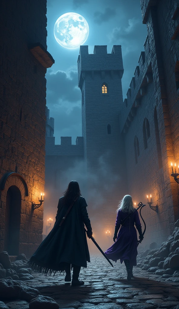 Under the cover of night, Vortex and Raven stealthily infiltrate the thieves' fortress. The fortress is a grim, imposing structure with high, crumbling walls. Flickering torchlight and faint glows seep through cracks, casting eerie shadows on the surrounding area. Vortex, a brooding warrior with long black hair and a dark coat, moves with calculated precision. His face is focused, and his dark sword is at the ready, reflecting the minimal light. Raven, a male elf archer in deep purple leather armor, blends into the shadows. His silver hair flows silently as he readies his black bow, eyes scanning the area for any signs of movement. The scene is filled with palpable tension as both heroes execute their plan with expert skill, aware of the dangerous mission ahead.