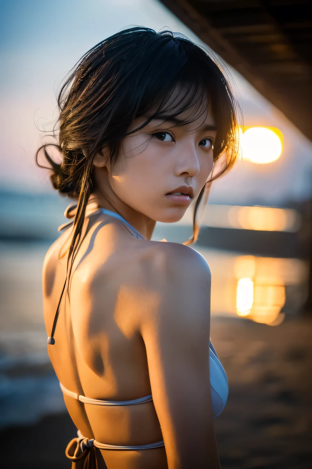 Hair blowing in the wind、Wet Skin、Wet Hair、Wet clothes、Pacific island at sunset,A cute girl with a face like a Japanese idol,((Cinema Lighting),(Natural light),(High level of artistry),(artistic),(Indistinguishable quality from the real thing),{{RAW Photos}},{{Genuine}},High resolution,masterpiece, beautiful, Handsome Tomboy, Looks like a salon model, Cool face, Neutral facial features, Cowboy Shot,  nsfw:1.4、Puzzled、Shyness、sleepy、Spoiled、A monokini that emphasizes bondage fashion&#39;