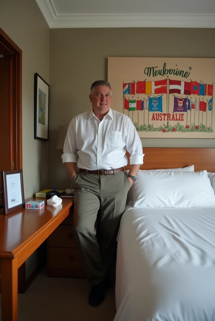Homme caucasien grand de taille, charmant, un peu costaud, habillé en pantalon et tee-shirt manche longue, assis ou adossé sur une table dans une grande chambre d'hôtel, sur la table qu'il y ait également un papier mouchoir déjà utilisé sur la table et sur le lit de l'hôtel qu'il soit déposer un cadre photo grand ou moyen qu'il est possible de faire arrêter sur le lit et faire face à la caméra et sur le mur du chevet du lit un tableau sur lequel il est écrit en français : Bienvenue à Melbourne AUSTRALIE et autour de la phrase qu'il y ait les emblèmes du Canada Québec ou le drapeau du Canada Québec