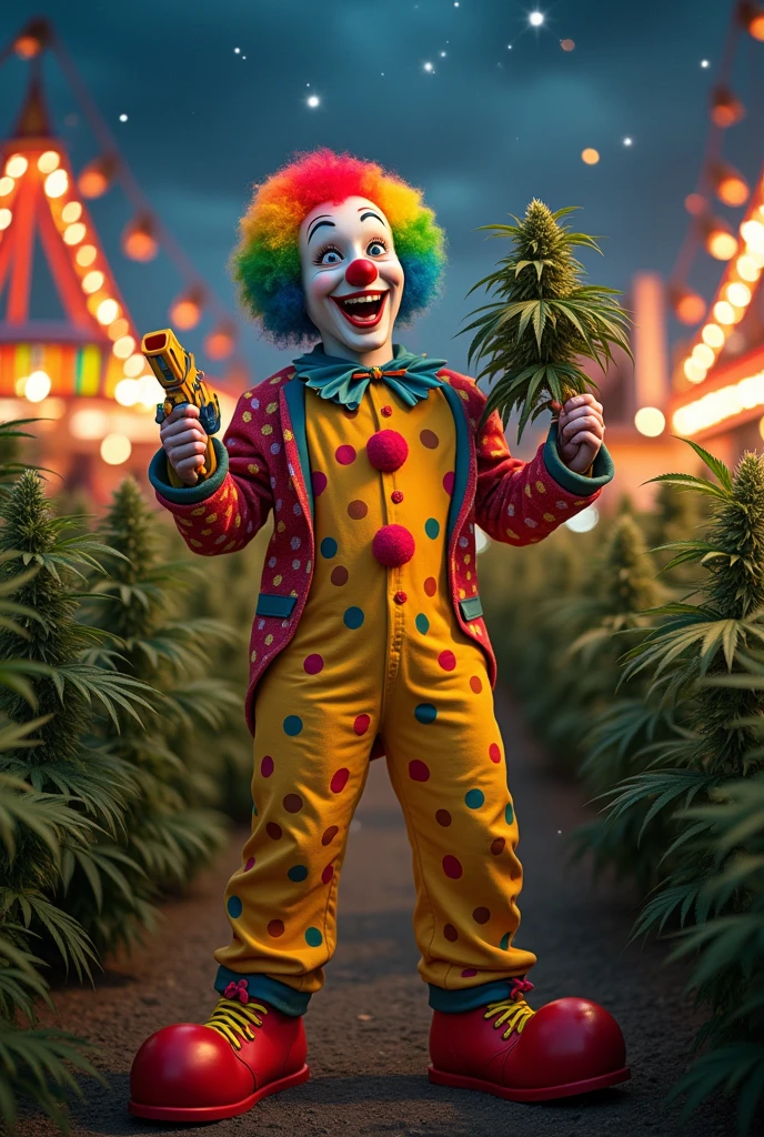 A clown with 5-sided leaves, a gun and marijuana