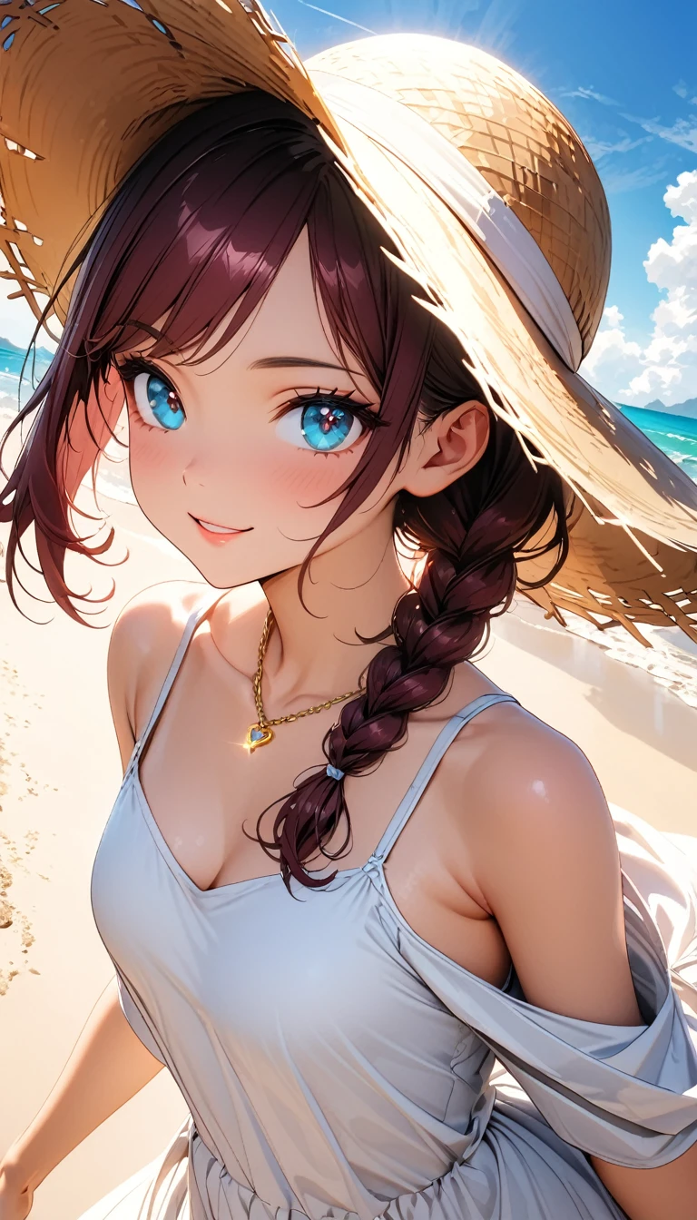 (masterpiece, very aesthetic:1.4), best quality, incredibly absurdres, Accurate, intricate, 8K, stunning, stylized,
ultra-detailed, (incredibly detailed:1.2), fine texture,
cinematic, recent, (vibrant:1.2), (clear pictures, clean lines, crisp edges), illustration, (soft lighting:1.2),
cowboy shot,
BREAK
1 beautiful girl, 18yo, small face, beautiful detailed face, narrow waist, The beauty and danger of growing from a girl to an adult, A symbol of miraculous beauty, Graceful posture, sensual, bewitching woman, (cleavage:0.8),
(burgundy hair, a long single braid hair:1.4), smooth hair, asymmetrical bangs,
BREAK
(aqua blue eyes), black oblong pupils, (slant eyes, glass-like sparkling eyes are blurry and dreamy, beautiful detailed eyes, growing eyes, long delicate eyelashes, Meticulous Eyelash Details),
BREAK
(white camisole Dress, off shoulder, Sleeveless, big straw hat:1.3), (a tiny heart-shaped golden colored ring pendant:1.4),
BREAK
sunny afternoon, beach, blue sky, white cloud,
Soft sunlight that induces afternoon drowsiness, delicate gentle breeze,
Motivated Light, complex lighting,
(walking quietly towards the viewer, on the edge of the beach),
BREAK
gorgeous lips, natural pink lips, beautiful detailed lips, Glossy,
(seductive smile:1.3), perfect eyes,