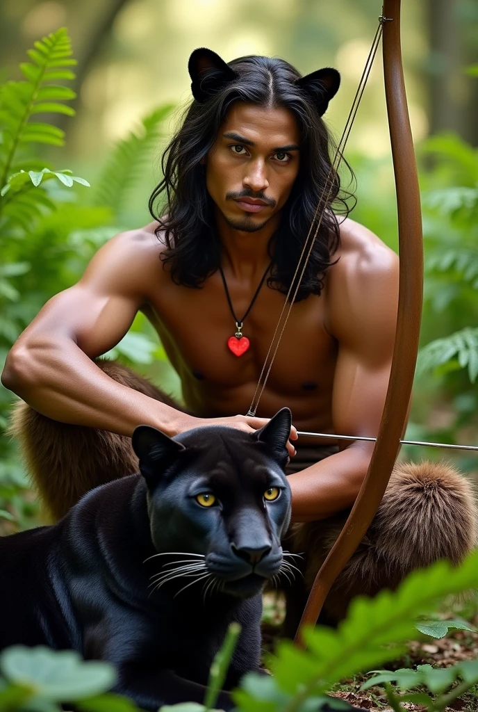 A handsome guy with tanned skin with a golden hue and masculine features of a young man. He has black hair that reaches below his waist and panther ears.. He has a bare torso, wearing full-length brown fur trousers and hoof-like shoes.. He has a red heart pendant.. He squats in a thicket of ferns and shoots a bow.. A kind, beautiful panther lies beside him..