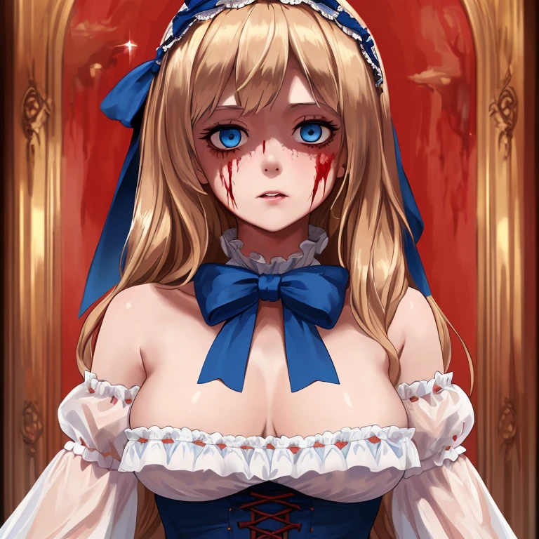 (finely detailed beautiful eyes and detailed zombie face,masterpiece sidelighting,masterpiece,best quality,detailed,high resolution illustration),, (depraved topless zombie girl,whole body,sundress,lustrous skin,looking down,looking at viewer),, (blood hair,blue eyes,ribbon, sheer clothes), (clothed_underbust:1.2),underboob