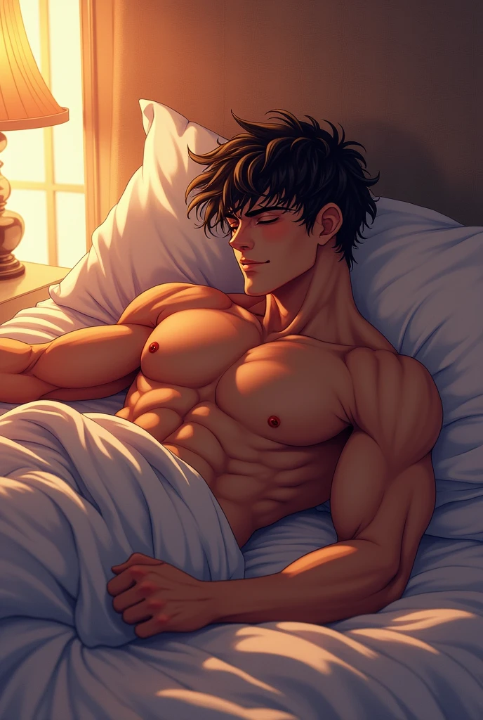 A cut anime man naked hot abs hot body having sex on the bed