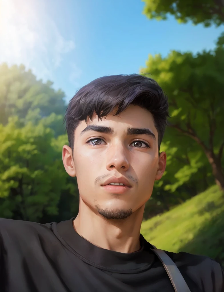  boy facing forward, black t-shirt, black hair, with bag strap on black clothes outdoor background 