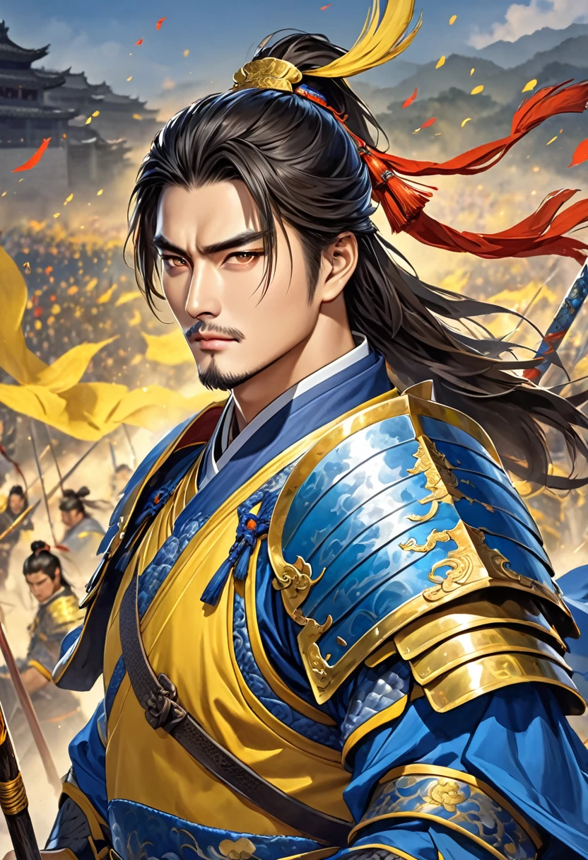 Three Kingdoms Zhou Yu, very handsome, Chinese armor, Spear Mastery, nice guy, splendor, shave, Armor of blue and yellow,