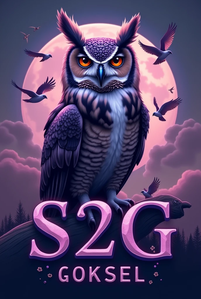 I want to create a LOGO, a purple owl, male, large, realistic, on the top S2G, on the bottom write GOKSEL, in the background owls should fly