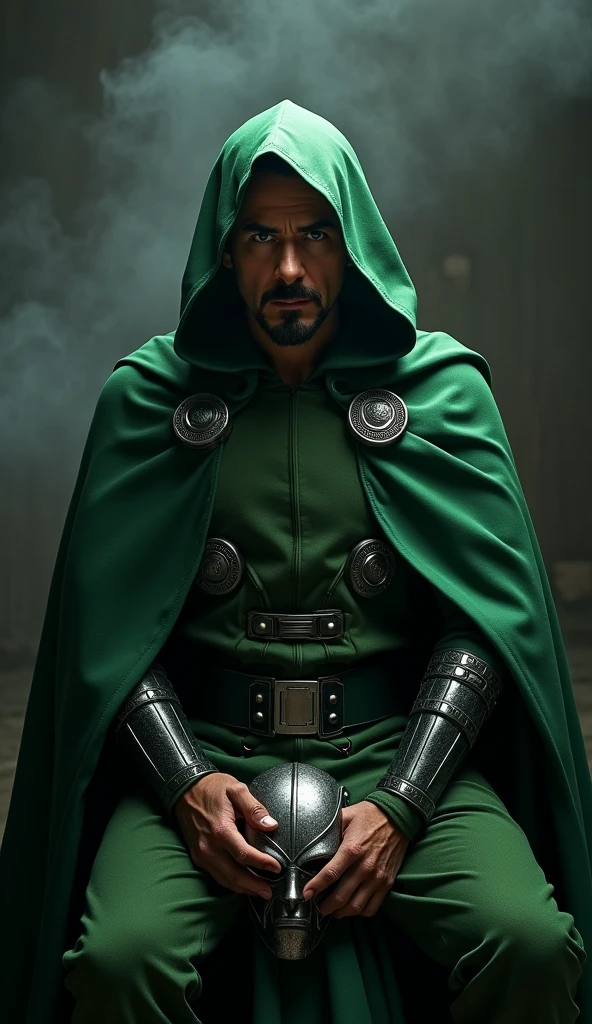 Iron man character Robert Downey Jr as Dr.doom,in a green cloak ,iron mask off,in villain getup ,dark mysterious background, ultra realistic, realism 16K,textured skin.