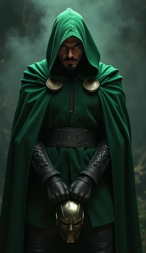 Iron man character Robert Downey Jr as Dr.doom,in a green cloak ,iron mask off,in villain getup ,dark mysterious background, ultra realistic, realism 16K,textured skin.