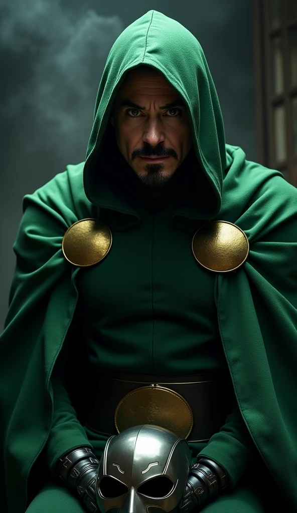 Iron man character Robert Downey Jr as Dr.doom,in a green cloak ,iron mask off,in villain getup ,dark mysterious background, ultra realistic, realism 16K,textured skin.