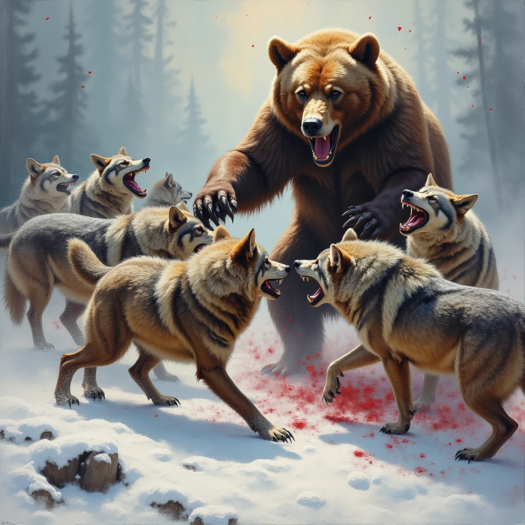 A wild, chaotic battle between a pack of wolves and a grizzly bear, oil painting. The wolves, snarling and baring their teeth, encircle the massive bear, their fur bristling with aggression. The grizzly stands tall, swiping at the wolves with its powerful claws, roaring with fury. Blood stains the snow-covered ground, and the air is filled with the sounds of growls and snarls. The painting captures the savage intensity of the fight, with thick, aggressive brushstrokes highlighting the raw power and ferocity of these wild predators. (masterpiece, 8K, oil painting, wild animal battle, primal fury)