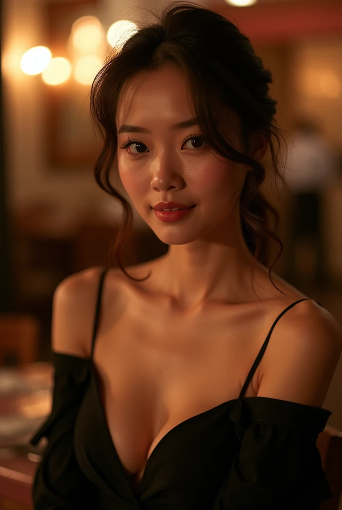 Japanese hostess、20-year-old、Beauty、wearing a chic dress、The background has the calm ambiance of a nightclub、The dim lighting adds a touch of accent。A subtle smile graces her face、Her hair is styled perfectly、Created with a very realistic photo