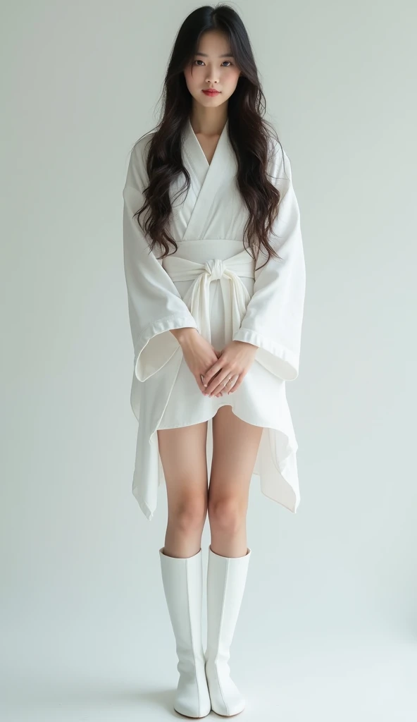 Japanese woman with long hair, wearing a white kimono dress with a short skirt, with her face facing the camera, sideways body pose facing the camera with a pose of hands looking towards the camera, the model's entire body to the feet, wearing white knee-high shoes, 4k, hd, realistic, cold expression