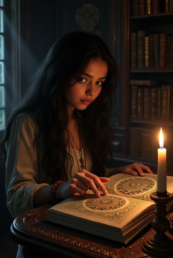 Image Prompt*: Priya finding an old, ornate book on a study desk in a dimly lit room.